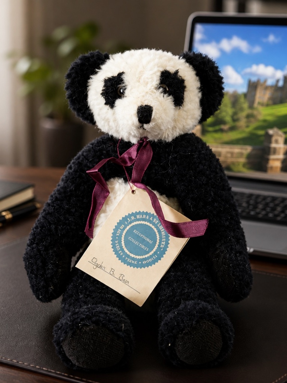 Boyds Bears Black and White Panda Plush with Burgundy Ribbon
